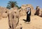 An Egyptian with a turban stands behind a sculpture in the grounds of the Temple of Karnak.