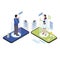 Ehealth futuristic technology isometric illustration. Cartoon patient, doctor holograms on smartphone screens. Telemedicine expert