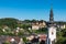 Ehrenhausen - Panoramic aerial view of Ehrenhausen town with the clock tower of the Catholic pilgrimage church