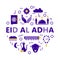 Eid Al Adha color round print. Silhouette islamic icon with text. Koran, star, moon, hand, ram, mosque, prayer rug, holy rosary.