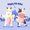 Eid Al Adha cute cow and goat flat vector illustration. Celebration of islamic holiday the sacrifice of the cow and goat. flat