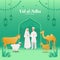 Eid al Adha greeting card. couple with sacrifice animal celebrating Eid al Adha  vector illustration