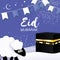 Eid-Al-Adha Greeting card design with paper cut cute Baby Sheep for Muslim Community. Origami Festival of Sacrifice. Eid