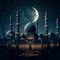 Eid al Adha greeting card, Mosques Dome on dark blue twilight sky and Crescent Moon,Concept for of Muslim community festival,