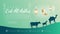Eid al adha mubarak background, banner, greeting design with gradient green color theme. Silhouette mosque lamb, goat and camel