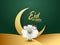 Eid-Al-Adha Mubarak Concept with Golden Crescent Moon and Paper Sheep on Green