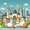 Eid al-Adha theme image with an urban background, a large mosque