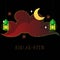 Eid Al Fitor Background. Islamic Arabic lanterns. Translation Eid Al Fitor. Greeting card. Vector illustration