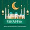 eid al fitr design illustration with realistic mosque and golden moon