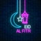 Eid al fitr greeting card with with fanus lantern, star and crescent. Glowing neon ramadan holy month sign