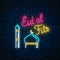 Eid al fitr greeting card with with mosque dome and minaret. Glowing neon ramadan holy month sign