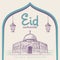 Eid Al Fitr Islamic Greeting with Mosque and classic lamp, Hand Drawn Style