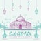 Eid Al Fitr Islamic Greeting with Mosque, Ketupat and lamp Hand Drawn Style