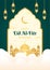 Eid Al-Fitr Mubarak Islamic greetings vector illustrations. Template poster design with gold frame, mosque, and lantern