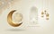 Eid mubarak arabic calligraphy greeting design islamic line mosque dome with crescent moon, lantern and classic pattern