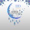 Eid Mubarak Background Design with Beautiful Floral Moon, Masjid, Hanging Lantern lamp and Mandala for Promotional Advertise.