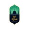 Eid mubarak  badge design. Great mosque silhouette background with arabic calligraphy text