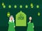 =Eid Mubarak celebration concept with cartoon character of Muslim man and woman on green background poster or banner design