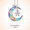 Eid Mubarak Celebration Concept With Colorful Crescent Moon And Star Hang On Glossy Floral Design