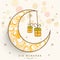 Eid Mubarak Celebration Concept With Crescent Moon In Paisley Arc Drops, Doodle Gift Boxes Hang And Stars Decorated On White