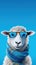 Eid mubarak Eid al Adha poster trendy sheep wearing glasses copy space eid ad banner. AI generated