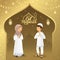 Eid mubarak greeting card. Cartoon muslim kids blessing Eid al fitr on gold background. vector illustration