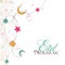 Eid Mubarak Greeting Card Decorated With Flat Crescent Moon, Stars, Gift Boxes And Paisley On White