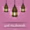 Eid mubarak greeting card design with lanterns lamp on pink background