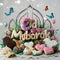 Eid Mubarak illustration with Homemade pastry, spring flower cookies, flying butterflies, balloons, and party arabesque ornaments.