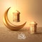 Eid Mubarak islamic design crescent moon and arabic calligraphy Eid Mubarak calligraphy with glossy golden lanterns and crescent