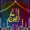 Eid Mubarak neon vector.Happy Eid Mubarak festive card design template in modern trend style