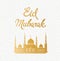 Eid mubarak vector greeting card design with mosque. Muslim holiday background.