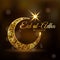 Eid-ul-adha mubarak Feast of the Sacrifice Golden dotted design decorated crescent moon and glowing Arabic Islamic
