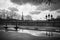 Eiffel Tower and a bench in Tuileries Garden in Paris, France