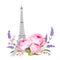 The Eiffel tower card. Eiffel tower simbol with spring blooming flowers over white background.