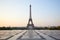 Eiffel tower, empty Trocadero, nobody in a clear morning in Paris, France