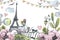 Eiffel Tower with girl, lantern, bridge and flowers. Watercolor illustration in sketch style with graphic elements