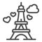 Eiffel Tower with heart line icon, valentine day concept, romance travel sign on white background, Paris as symbol love