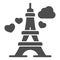 Eiffel Tower with heart solid icon, valentine day concept, romance travel sign on white background, Paris as symbol love