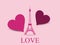 Eiffel Tower with hearts. Paris. Postcard Valentine\'s Day. Vecto