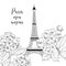 Eiffel tower icon with spring blooming flowers over old paper background with sign Tour Eiffel. Wedding romantic card.