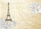 Eiffel tower icon with spring blooming flowers over old paper background with sign Tour Eiffel. Wedding romantic card.