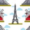 Eiffel tower and Moulin Rouge seamless pattern French architecture