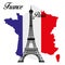 Eiffel tower. Paris, capital city of France. Emblem icon with tricolor flag on french map. Vector.