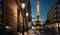 Eiffel Tower in Paris, France, a street with cars parked in front of a tall tower at night time with lights