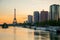 Eiffel tower and Paris skyline with skyscraper along Seine river