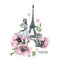 Eiffel Tower with a Parisian girl, anemone flowers and eucalyptus twigs. Watercolor illustration in sketch style with