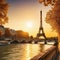 The Eiffel tower and river with a golden glow of in the style of Romantic Landscapes