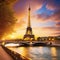 The Eiffel tower and river with a golden glow of in the style of Romantic Landscapes