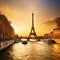 The Eiffel tower and river with a golden glow of in the style of Romantic Landscapes